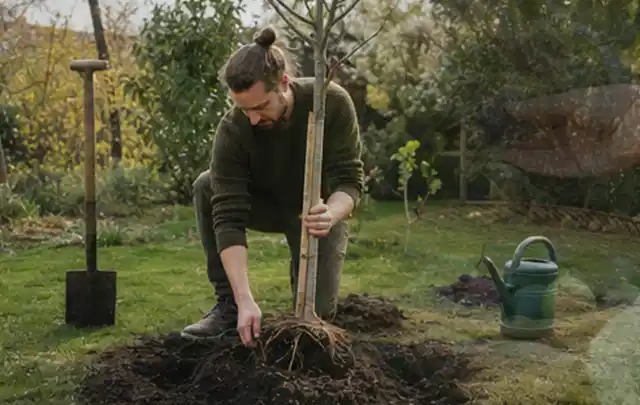 Person setzt einen jungen Zierbaum in ein vorbereitetes Pflanzloch im Garten; Thema Lilien, Schwerpunkt Rückschnitt; Ergebnis.