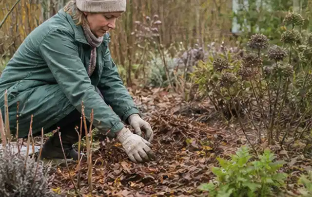 Person verteilt eine schützende Mulchschicht zwischen winterlichen Stauden; Thema Lilien, Schwerpunkt Rückschnitt; Praxisalltag.