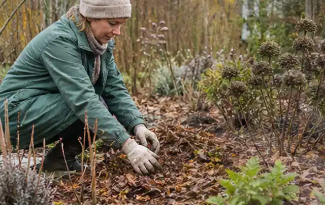 Person verteilt eine schützende Mulchschicht zwischen winterlichen Stauden; Thema Lilien, Schwerpunkt Sortenwahl; Kontrolle.