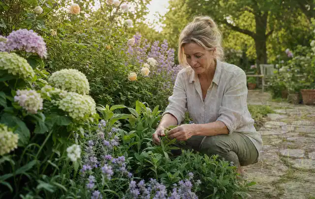 Person pflegt üppige Pflanzen in einem natürlich beleuchteten Garten; Thema Lilien, Schwerpunkt Standort; Ergebnis.
