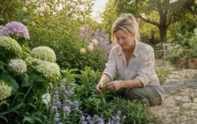 Person pflegt üppige Pflanzen in einem natürlich beleuchteten Garten; Thema Lilien, Schwerpunkt Topfkultur; Ergebnis.