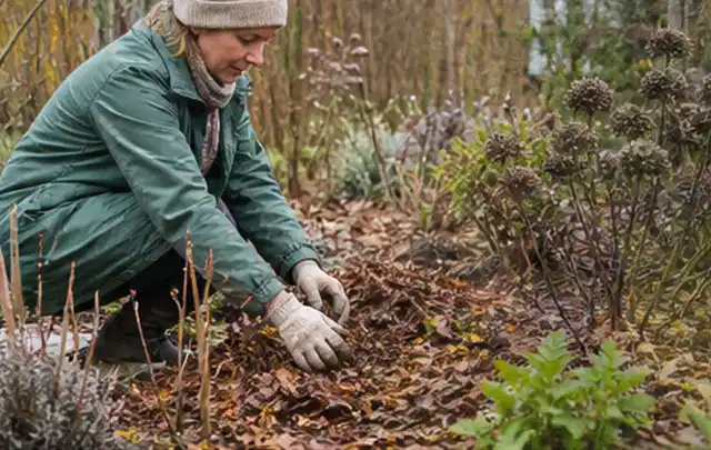 Person verteilt eine schützende Mulchschicht zwischen winterlichen Stauden; Thema Lilien, Schwerpunkt Vermehrung; Praxisalltag.