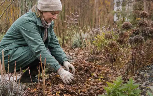 Person verteilt eine schützende Mulchschicht zwischen winterlichen Stauden; Thema Lilien, Schwerpunkt Winterpflege; Umsetzung.