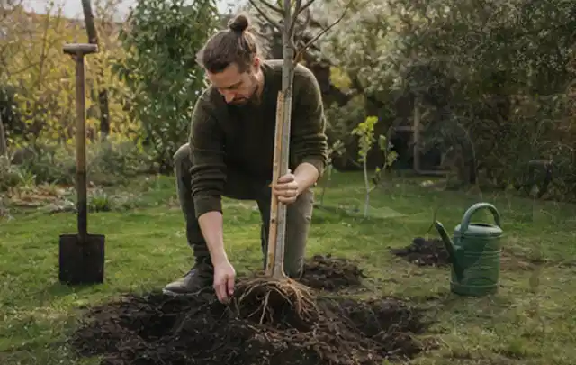 Person setzt einen jungen Zierbaum in ein vorbereitetes Pflanzloch im Garten; Thema Lilien, Schwerpunkt Winterpflege; Kontrolle.