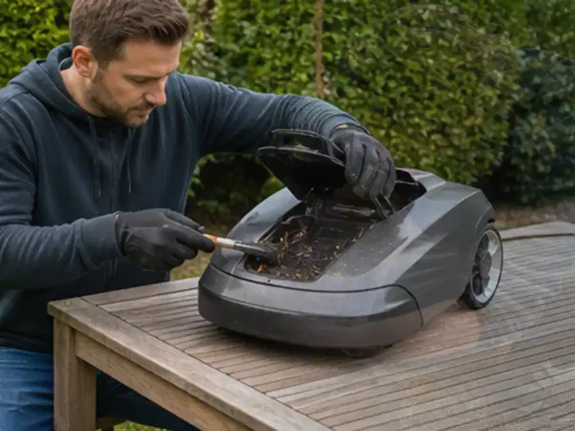 Person wartet einen geöffneten Mähroboter auf einem stabilen Gartentisch; Thema Mähroboter Akkus, Schwerpunkt Anwendung; Titelbild.