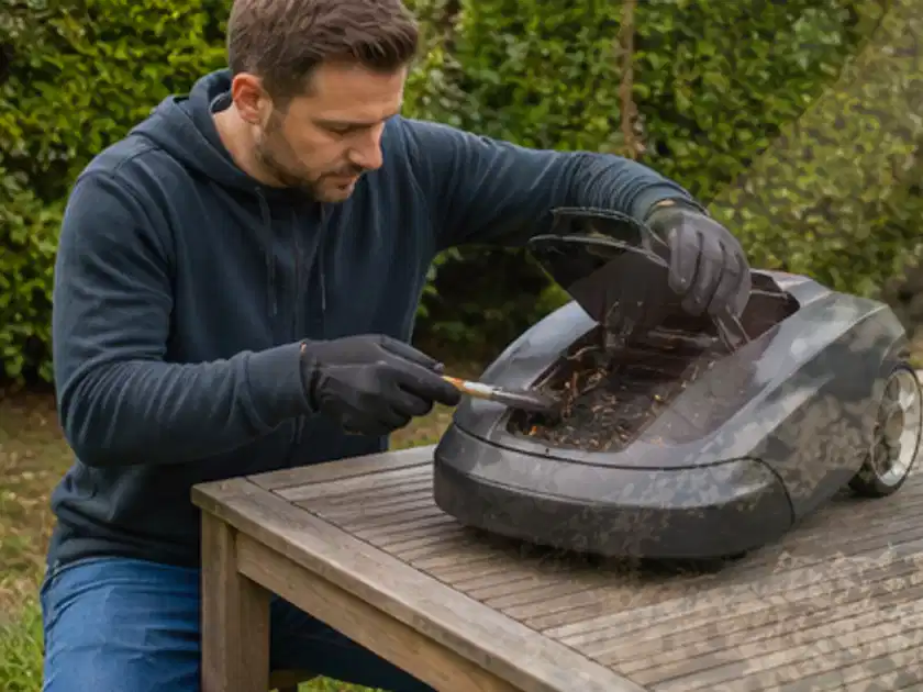 Person wartet einen geöffneten Mähroboter auf einem stabilen Gartentisch; Thema Mähroboter Akkus, Schwerpunkt Dimensionierung; Titelbild.