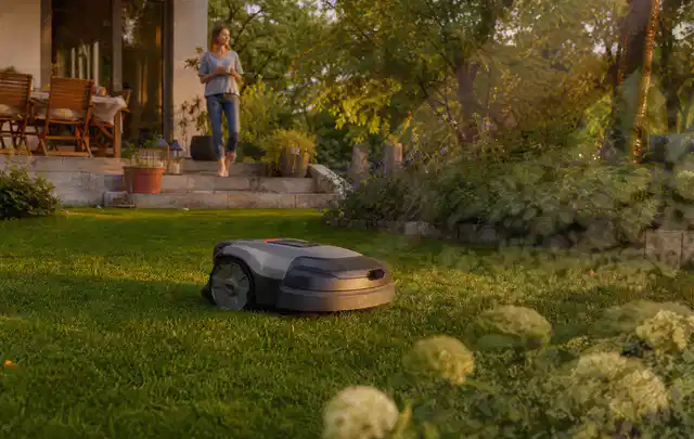 Mähroboter fährt am Abend über einen Rasen im Familiengarten; Thema Mähroboter Akkus, Schwerpunkt Ersatzteile; Ergebnis.