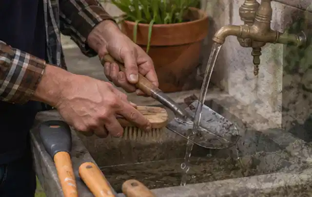 Hände reinigen gebrauchte Gartengeräte mit Bürste und Wasser am Außenbecken; Thema Mähroboter Akkus, Schwerpunkt Fehlerhilfe; Umsetzung.