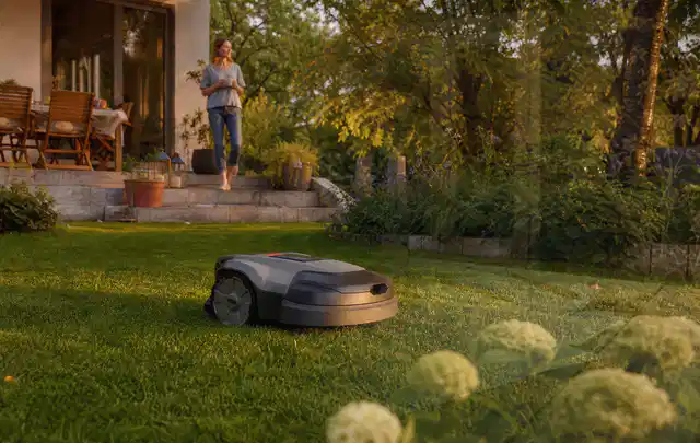 Mähroboter fährt am Abend über einen Rasen im Familiengarten; Thema Mähroboter Akkus, Schwerpunkt Fehlerhilfe; Kontrolle.