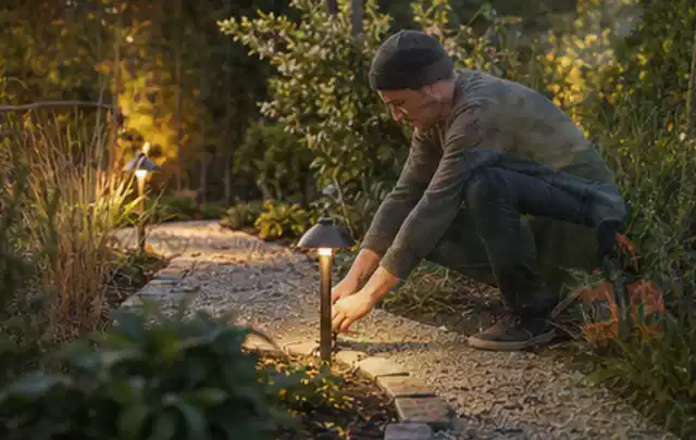 Person richtet eine niedrige warm leuchtende Gartenlampe am Kiesweg aus; Thema Mähroboter Akkus, Schwerpunkt Kosten; Ergebnis.