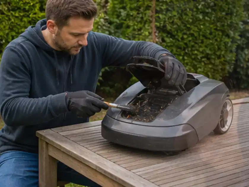 Person wartet einen geöffneten Mähroboter auf einem stabilen Gartentisch; Thema Mähroboter Akkus, Schwerpunkt Nachhaltigkeit; Titelbild.