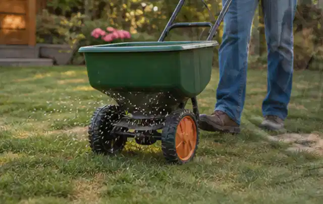 Person verteilt Rasensamen mit einem Streuwagen auf einer lückigen Fläche; Thema Mähroboter Akkus, Schwerpunkt Nachhaltigkeit; Ergebnis.
