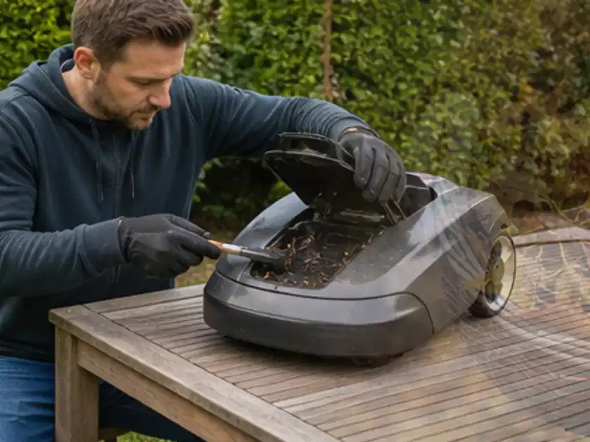 Person wartet einen geöffneten Mähroboter auf einem stabilen Gartentisch; Thema Mähroboter Akkus, Schwerpunkt Sicherheit; Titelbild.