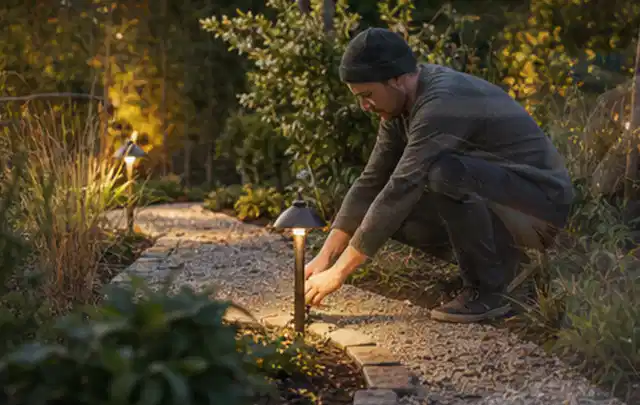 Person richtet eine niedrige warm leuchtende Gartenlampe am Kiesweg aus; Thema Mähroboter Akkus, Schwerpunkt Sicherheit; Ergebnis.