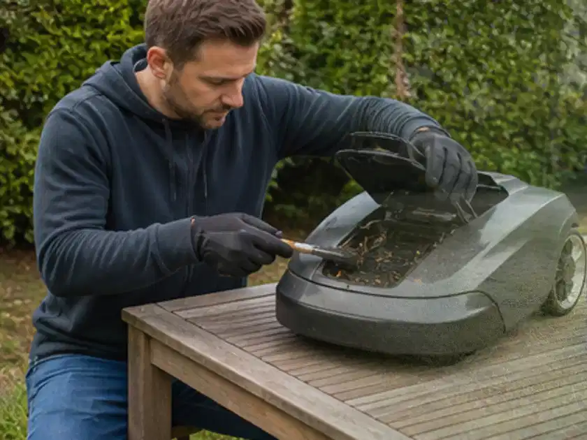 Person wartet einen geöffneten Mähroboter auf einem stabilen Gartentisch; Thema Mähroboter Akkus, Schwerpunkt Testkriterien; Titelbild.