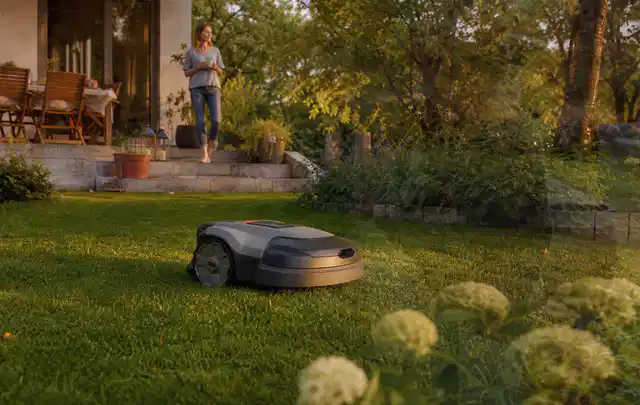 Mähroboter fährt am Abend über einen Rasen im Familiengarten; Thema Mähroboter Akkus, Schwerpunkt Testkriterien; Praxisalltag.