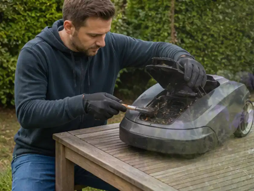 Person wartet einen geöffneten Mähroboter auf einem stabilen Gartentisch; Thema Mähroboter Akkus, Schwerpunkt Vergleich; Titelbild.