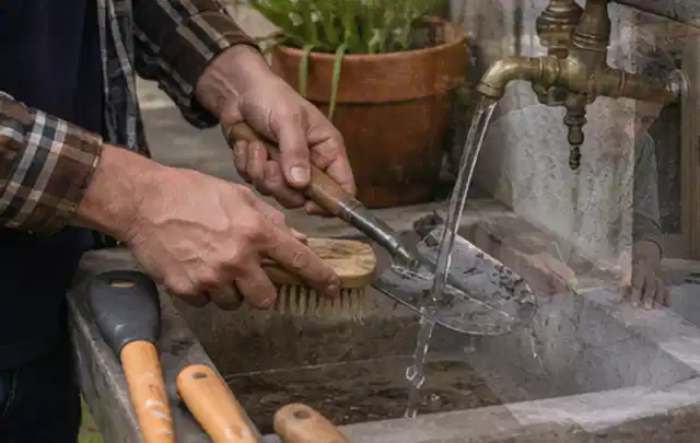 Hände reinigen gebrauchte Gartengeräte mit Bürste und Wasser am Außenbecken; Thema Mähroboter Akkus, Schwerpunkt Wartung; Umsetzung.