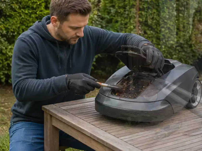 Person wartet einen geöffneten Mähroboter auf einem stabilen Gartentisch; Thema Mähroboter für große Gärten, Schwerpunkt Anwendung; Titelbild.