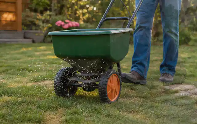 Person verteilt Rasensamen mit einem Streuwagen auf einer lückigen Fläche; Thema Mähroboter für große Gärten, Schwerpunkt Anwendung; Ausgangslage.