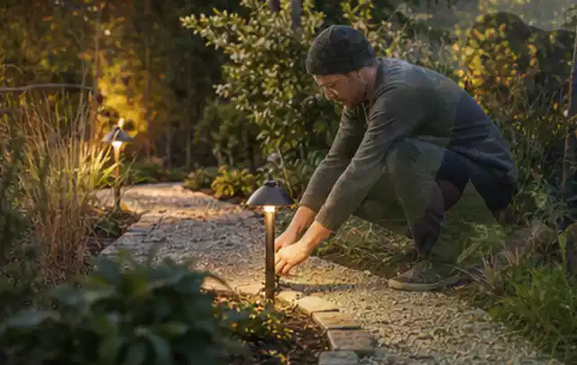 Person richtet eine niedrige warm leuchtende Gartenlampe am Kiesweg aus; Thema Mähroboter für große Gärten, Schwerpunkt Checkliste; Ausgangslage.