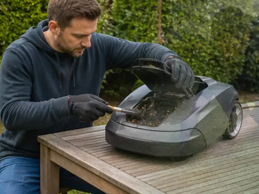 Person wartet einen geöffneten Mähroboter auf einem stabilen Gartentisch; Thema Mähroboter für große Gärten, Schwerpunkt Dimensionierung; Titelbild.