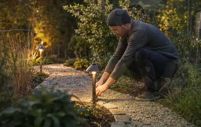 Person richtet eine niedrige warm leuchtende Gartenlampe am Kiesweg aus; Thema Mähroboter für große Gärten, Schwerpunkt Dimensionierung; Ausgangslage.