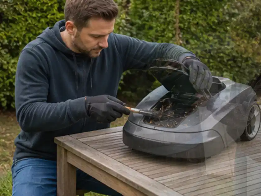 Person wartet einen geöffneten Mähroboter auf einem stabilen Gartentisch; Thema Mähroboter für große Gärten, Schwerpunkt Ersatzteile; Titelbild.