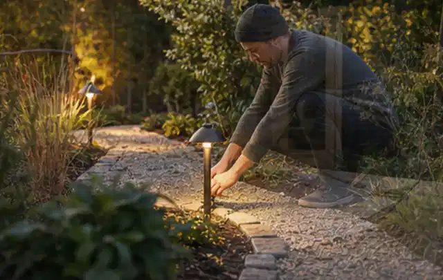 Person richtet eine niedrige warm leuchtende Gartenlampe am Kiesweg aus; Thema Mähroboter für große Gärten, Schwerpunkt Ersatzteile; Umsetzung.