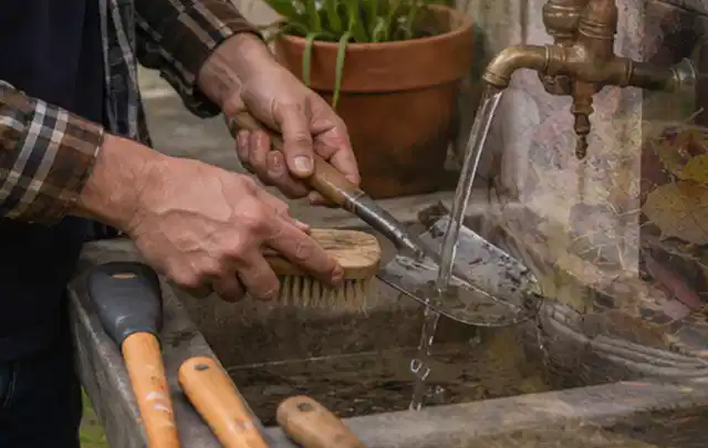 Hände reinigen gebrauchte Gartengeräte mit Bürste und Wasser am Außenbecken; Thema Mähroboter für große Gärten, Schwerpunkt Ersatzteile; Kontrolle.