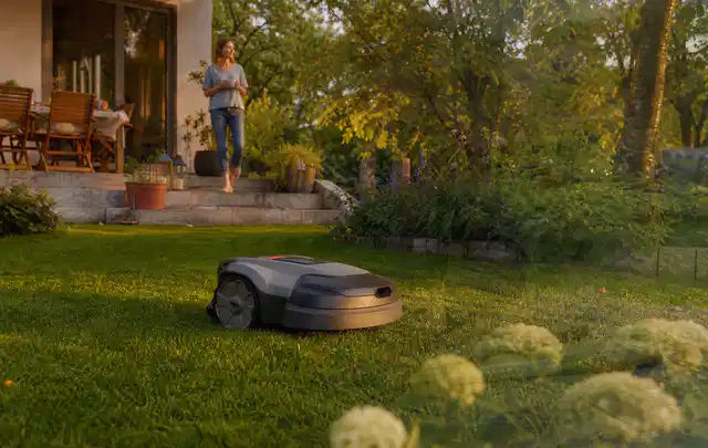 Mähroboter fährt am Abend über einen Rasen im Familiengarten; Thema Mähroboter für große Gärten, Schwerpunkt Ersatzteile; Praxisalltag.