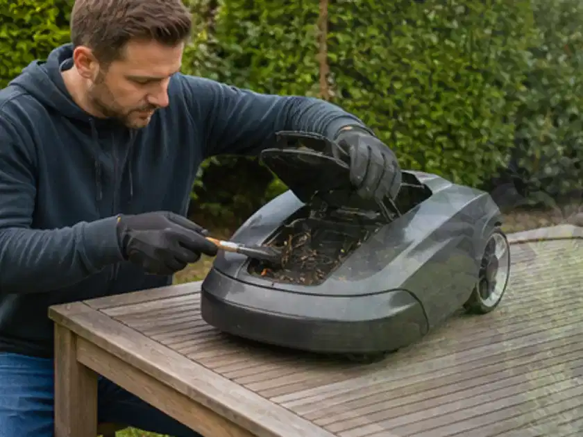 Person wartet einen geöffneten Mähroboter auf einem stabilen Gartentisch; Thema Mähroboter für große Gärten, Schwerpunkt Kaufberatung; Titelbild.