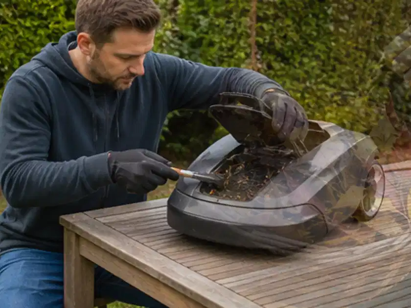 Person wartet einen geöffneten Mähroboter auf einem stabilen Gartentisch; Thema Mähroboter für große Gärten, Schwerpunkt Kosten; Titelbild.