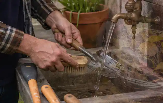 Hände reinigen gebrauchte Gartengeräte mit Bürste und Wasser am Außenbecken; Thema Mähroboter für große Gärten, Schwerpunkt Kosten; Ausgangslage.