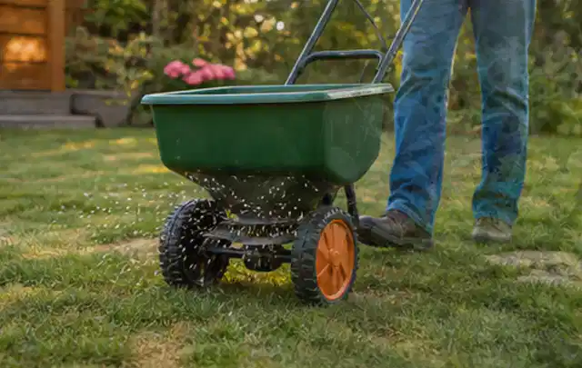 Person verteilt Rasensamen mit einem Streuwagen auf einer lückigen Fläche; Thema Mähroboter für große Gärten, Schwerpunkt Kosten; Kontrolle.