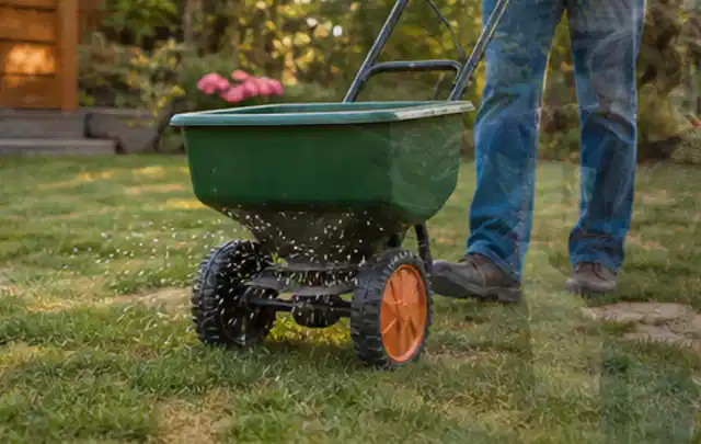Person verteilt Rasensamen mit einem Streuwagen auf einer lückigen Fläche; Thema Mähroboter für große Gärten, Schwerpunkt Mähroboter; Kontrolle.