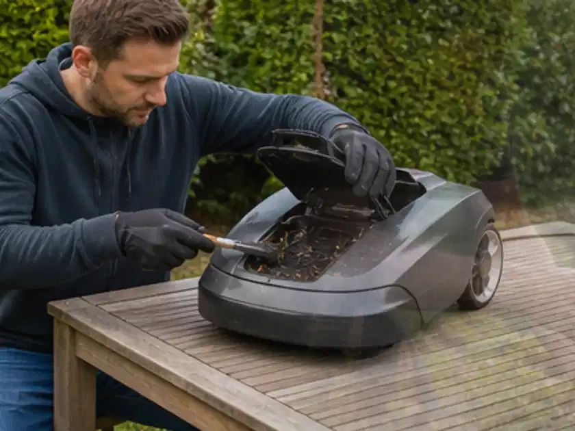 Person wartet einen geöffneten Mähroboter auf einem stabilen Gartentisch; Thema Mähroboter für große Gärten, Schwerpunkt Reparatur; Titelbild.