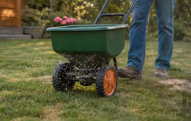 Person verteilt Rasensamen mit einem Streuwagen auf einer lückigen Fläche; Thema Mähroboter für große Gärten, Schwerpunkt Reparatur; Ausgangslage.