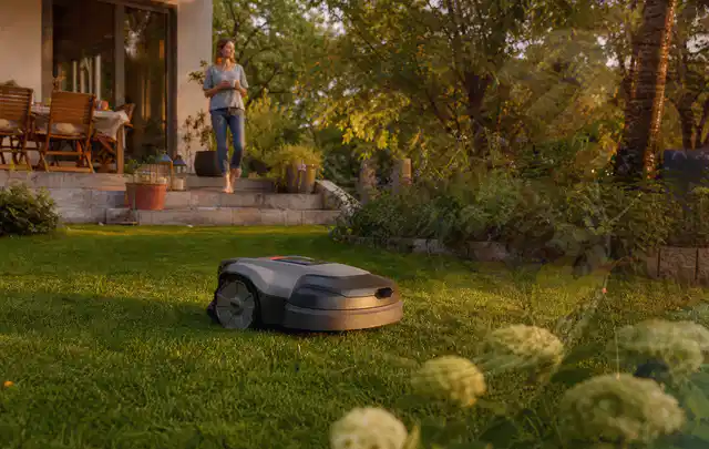 Mähroboter fährt am Abend über einen Rasen im Familiengarten; Thema Mähroboter für große Gärten, Schwerpunkt Reparatur; Praxisalltag.