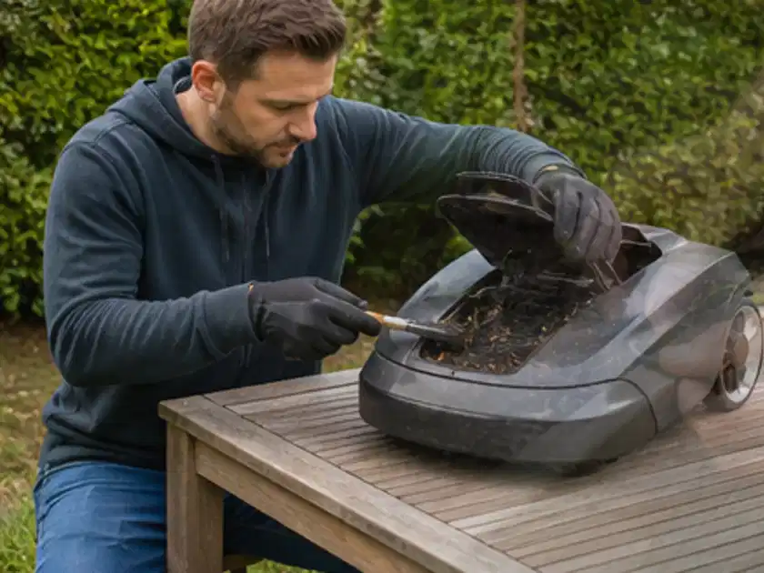Person wartet einen geöffneten Mähroboter auf einem stabilen Gartentisch; Thema Mähroboter für große Gärten, Schwerpunkt Sicherheit; Titelbild.