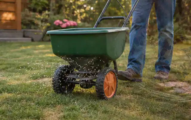 Person verteilt Rasensamen mit einem Streuwagen auf einer lückigen Fläche; Thema Mähroboter für große Gärten, Schwerpunkt Sicherheit; Umsetzung.