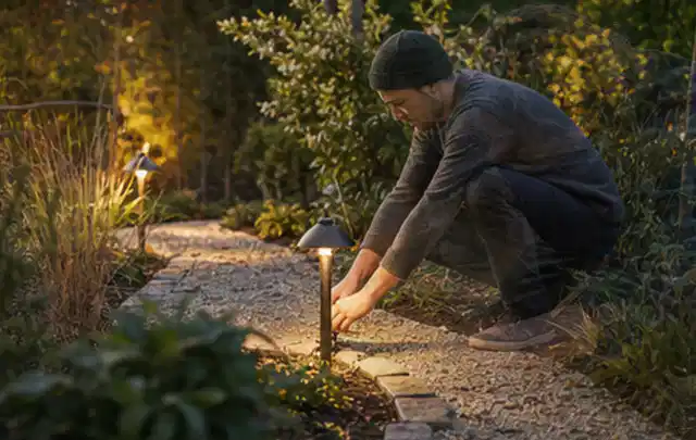 Person richtet eine niedrige warm leuchtende Gartenlampe am Kiesweg aus; Thema Mähroboter für große Gärten, Schwerpunkt Sicherheit; Ergebnis.