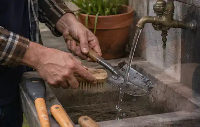 Hände reinigen gebrauchte Gartengeräte mit Bürste und Wasser am Außenbecken; Thema Mähroboter für große Gärten, Schwerpunkt Vergleich; Praxisalltag.