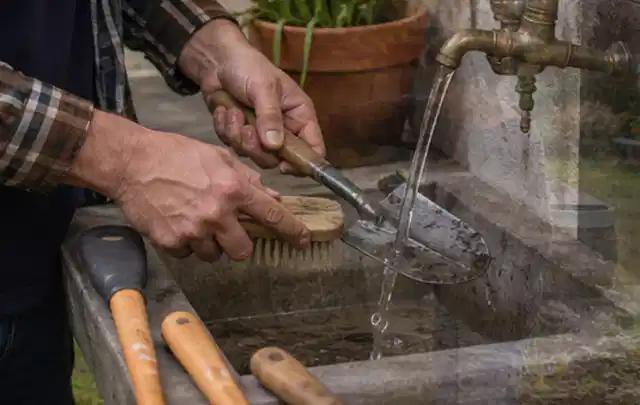 Hände reinigen gebrauchte Gartengeräte mit Bürste und Wasser am Außenbecken; Thema Mähroboter für große Gärten, Schwerpunkt Winterlager; Praxisalltag.