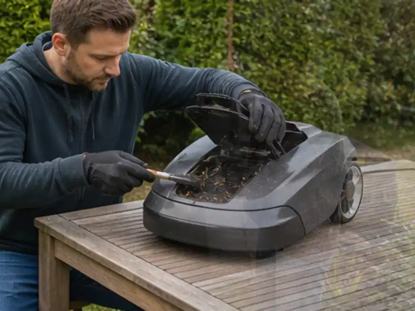 Person wartet einen geöffneten Mähroboter auf einem stabilen Gartentisch; Thema Mähroboter für Hanglagen, Schwerpunkt Anwendung; Titelbild.