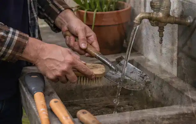 Hände reinigen gebrauchte Gartengeräte mit Bürste und Wasser am Außenbecken; Thema Mähroboter für Hanglagen, Schwerpunkt Anwendung; Praxisalltag.