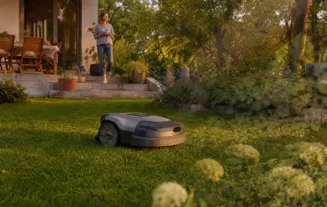 Mähroboter fährt am Abend über einen Rasen im Familiengarten; Thema Mähroboter für Hanglagen, Schwerpunkt Checkliste; Praxisalltag.