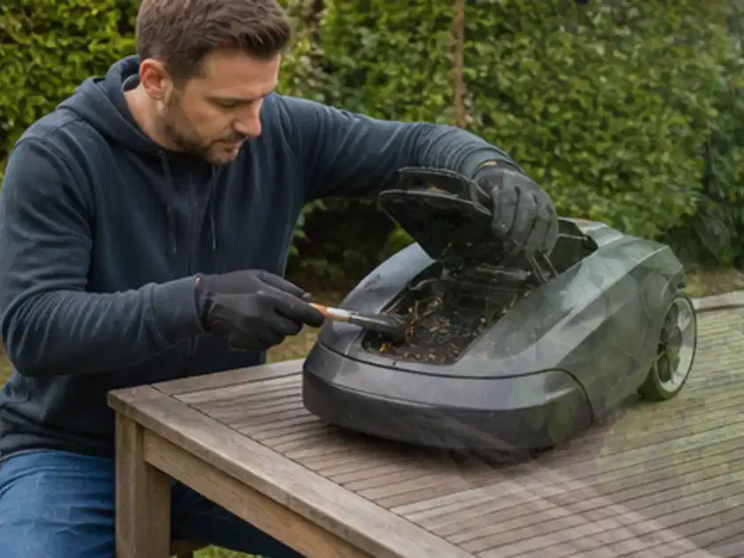 Person wartet einen geöffneten Mähroboter auf einem stabilen Gartentisch; Thema Mähroboter für Hanglagen, Schwerpunkt Dimensionierung; Titelbild.