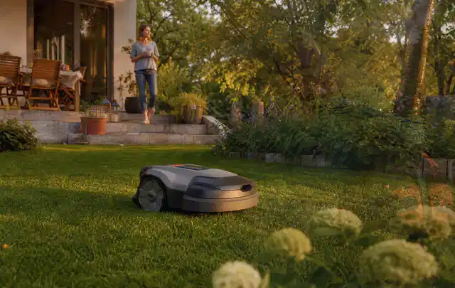 Mähroboter fährt am Abend über einen Rasen im Familiengarten; Thema Mähroboter für Hanglagen, Schwerpunkt Dimensionierung; Umsetzung.