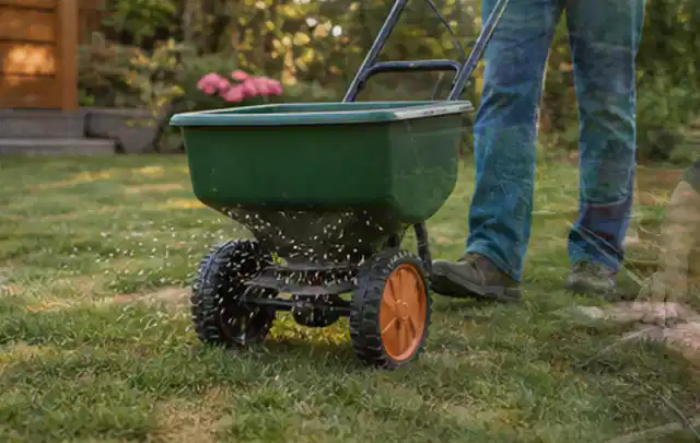 Person verteilt Rasensamen mit einem Streuwagen auf einer lückigen Fläche; Thema Mähroboter für Hanglagen, Schwerpunkt Dimensionierung; Kontrolle.